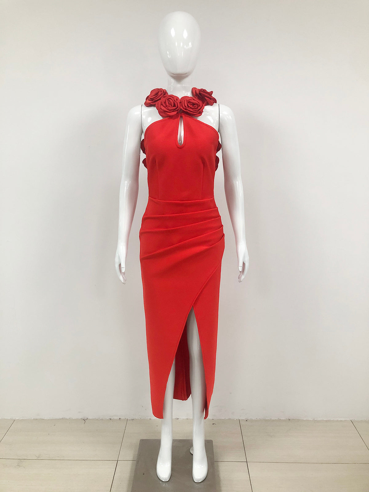 Halter Floral Backless Maxi Dress Red HV1733