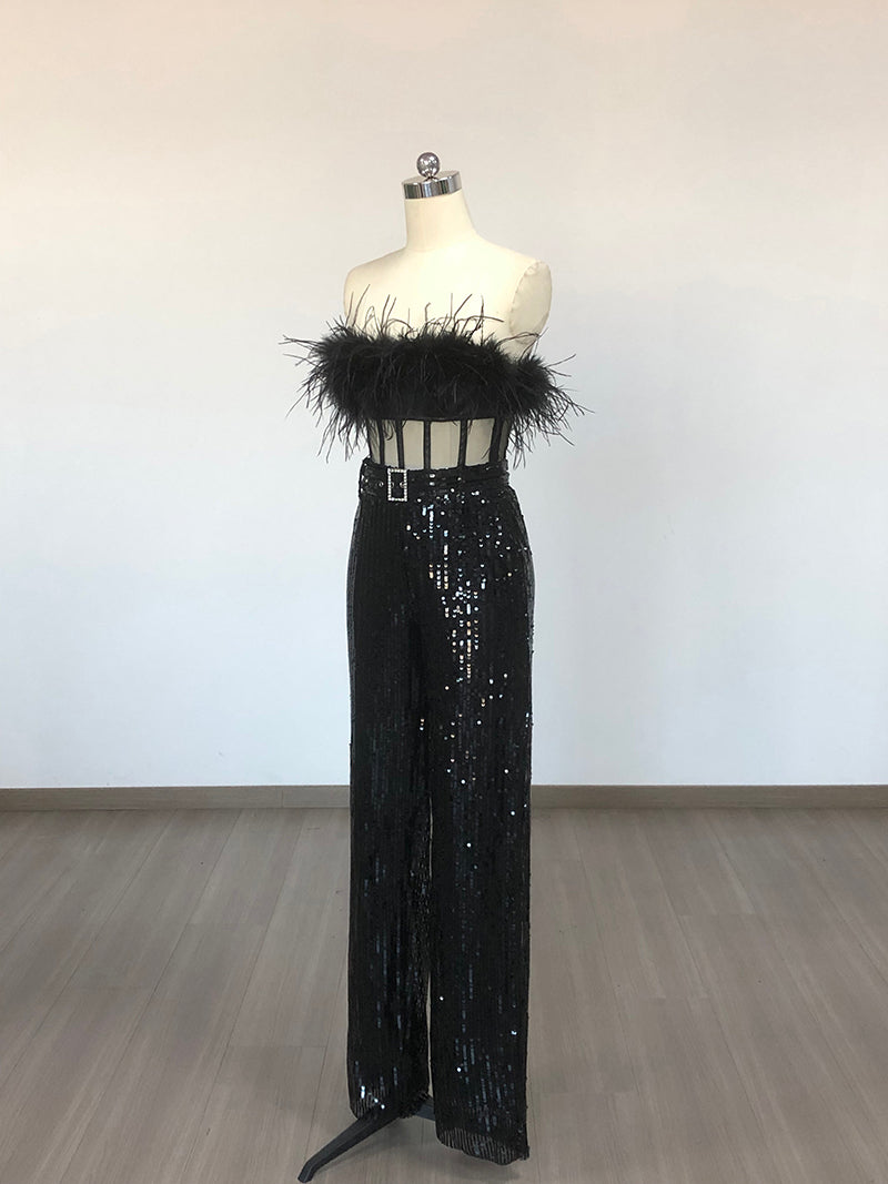 Strapless Feather Sequin Jumpsuit Black HV1549