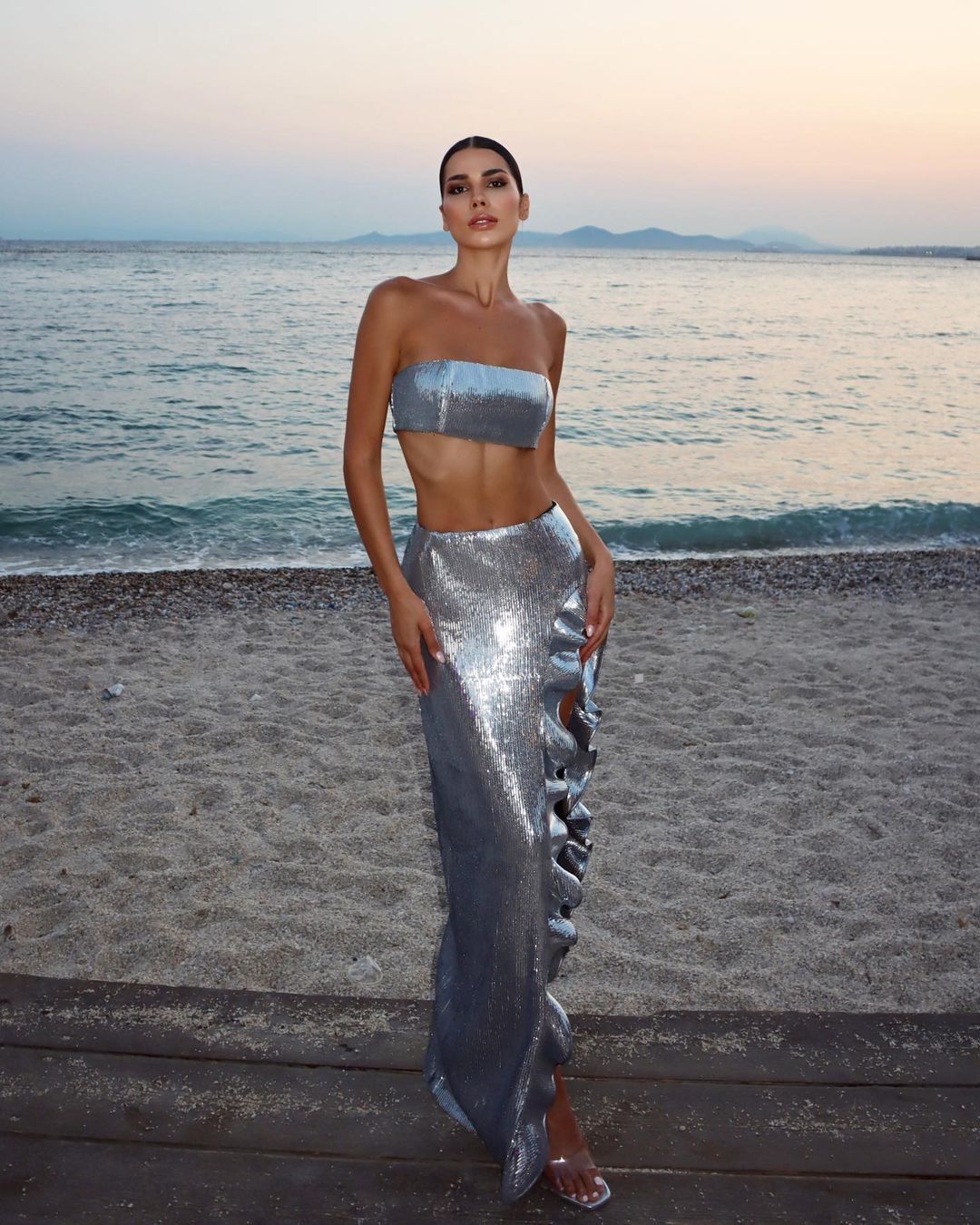 Sequin Draped Two Piece Maxi Dress Silver HV9476