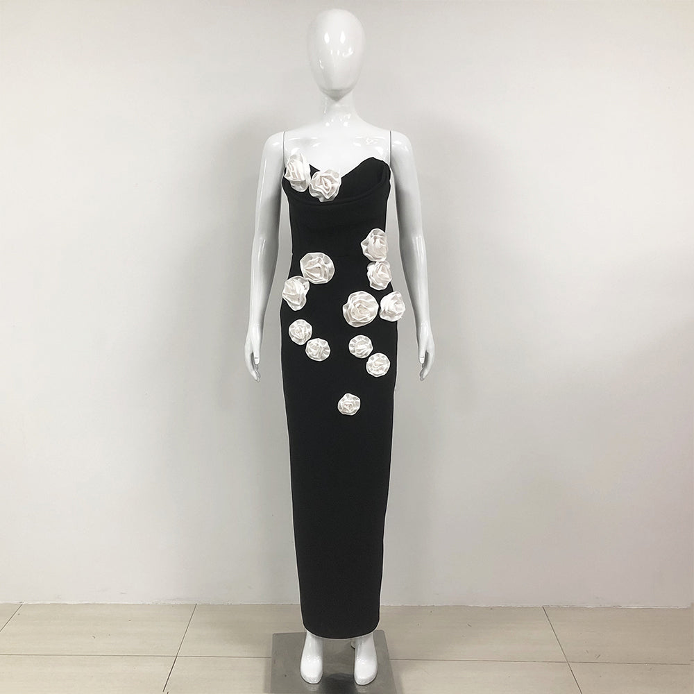 Strapless Floral Corset Maxi Dress Black White HV1703