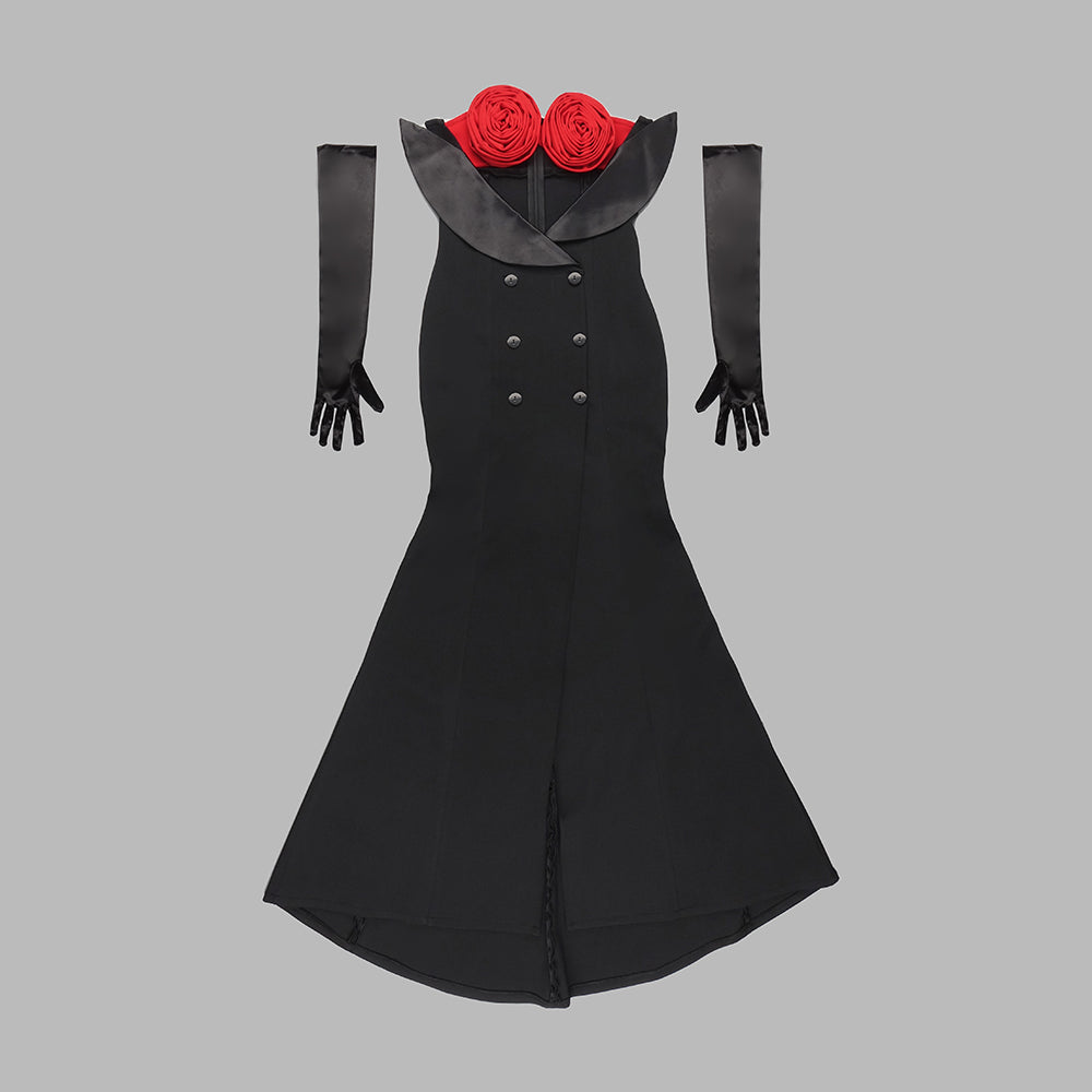 Rose Bustier Mermaid Maxi Dress Black Red HV9744