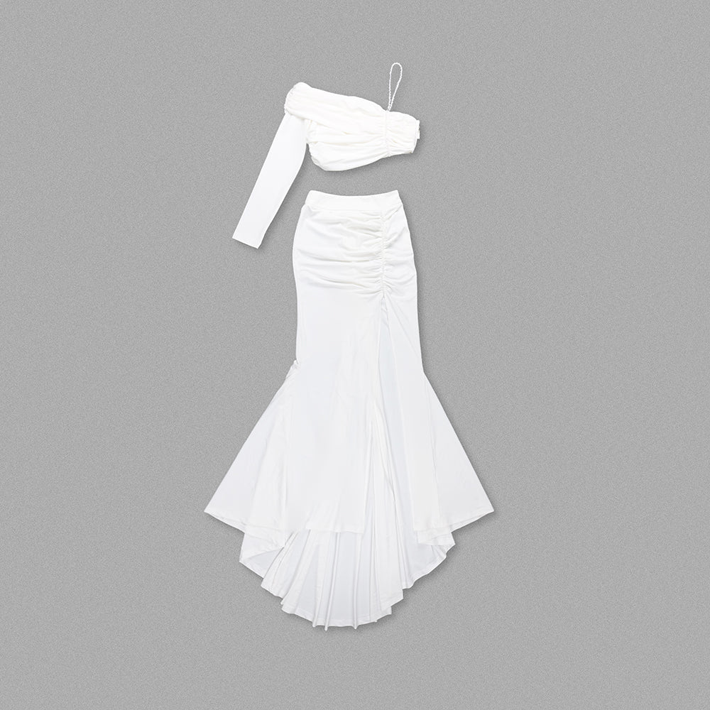 One Sleeve Ruched Two Piece Maxi Dress White HV1078