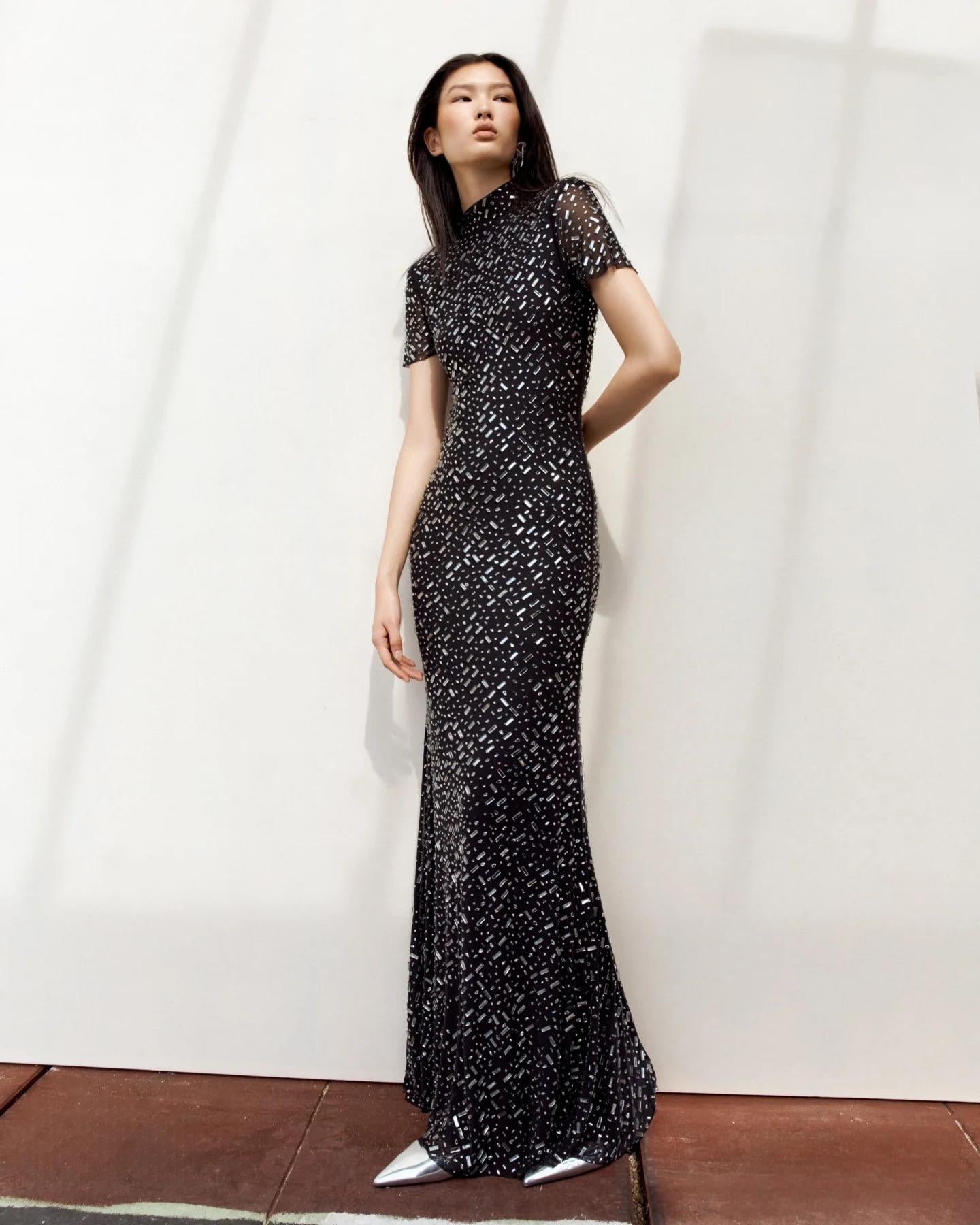 Short Sleeve Crystal Mesh Maxi Dress Black HV2209