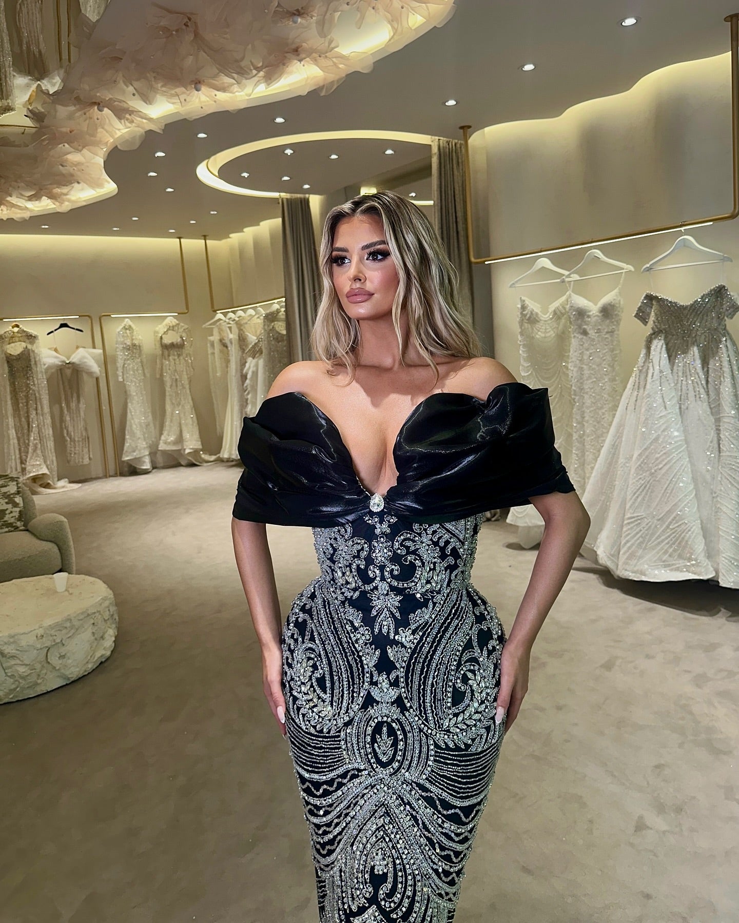 Draped Bardot Sequin Maxi Dress Black HV2052
