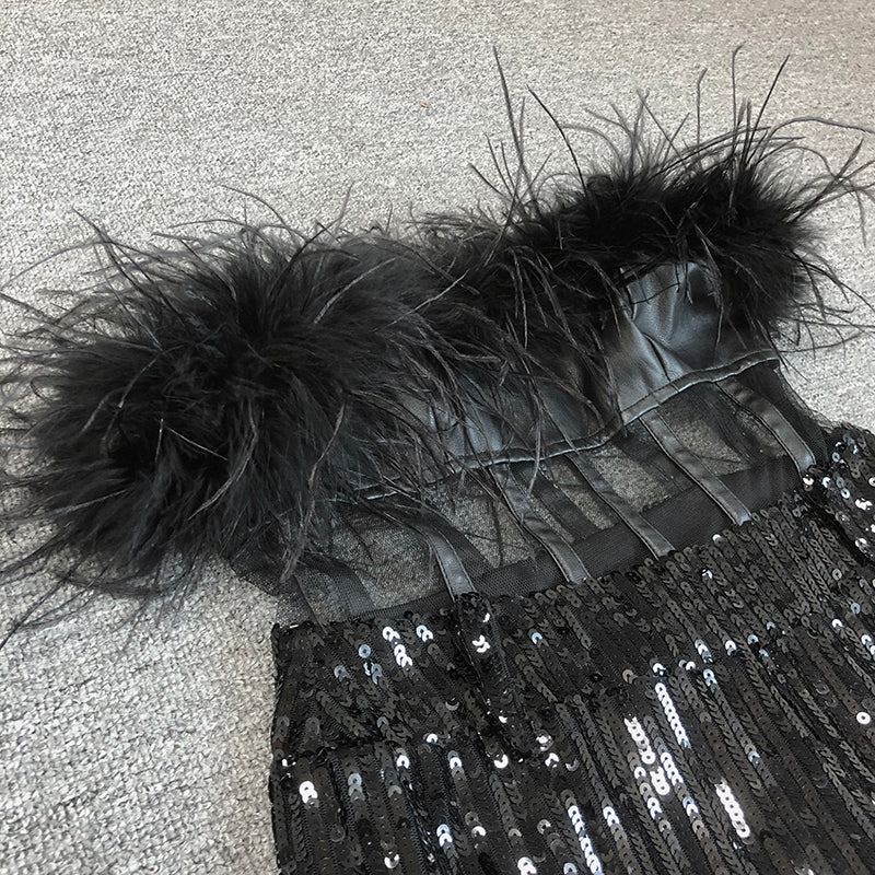 Strapless Feather Sequin Jumpsuit Black HV1549