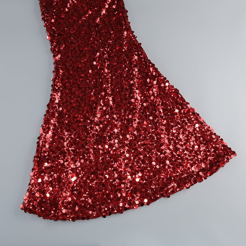 Draped Sequin Maxi Dress Red Silver HV1924
