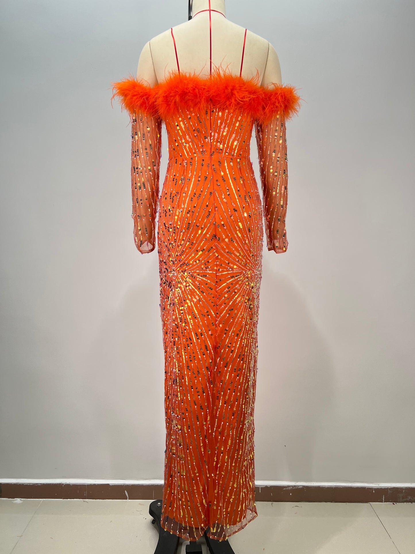 Long Sleeve Feather Bardot Sequin Maxi Dress HV1757