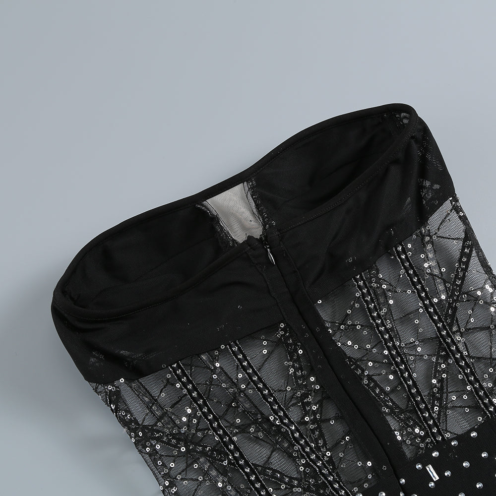 Crystal Sequin Bustier Two Piece Set Black HV1248