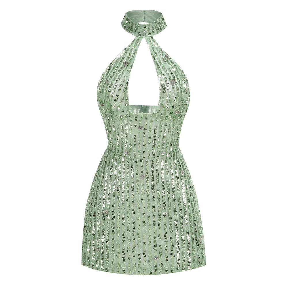 Halter Crystal Sequin Dress Green HV1372