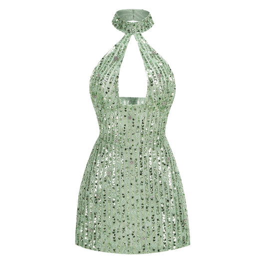 Halter Crystal Sequin Dress Green HV1372