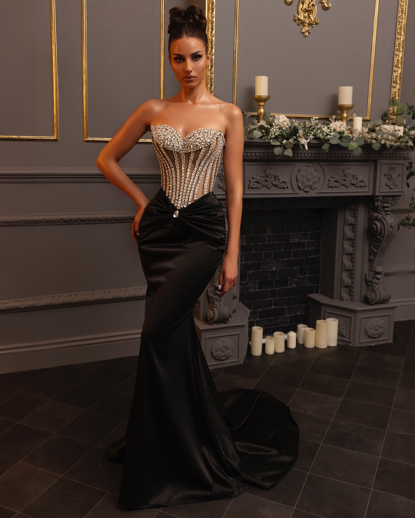 Strapless Crystal Corset Maxi Velvet Dress Black HV1918