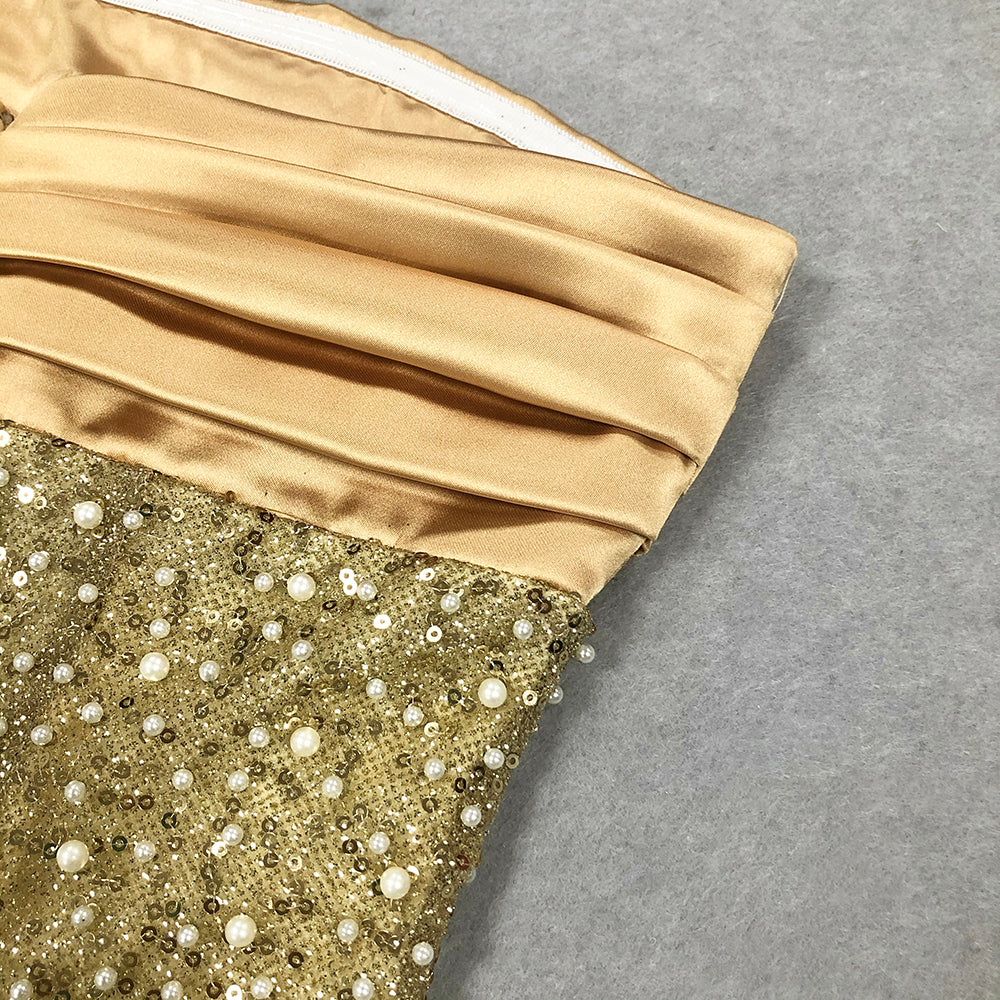 Strapless Pearl Sequin Maxi Dress Gold HV1519