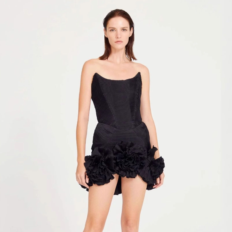 Strapless Floral Ruffle Dress Black