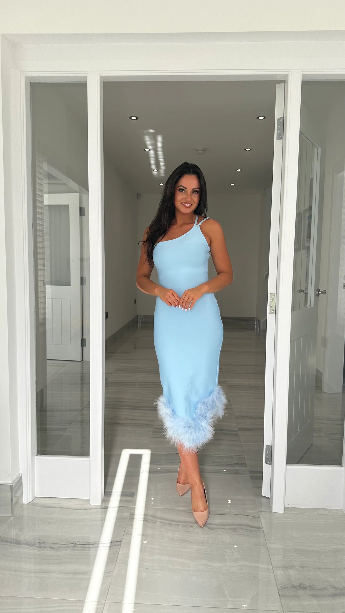 One Shoulder Feather Detail Midi Dress Blue