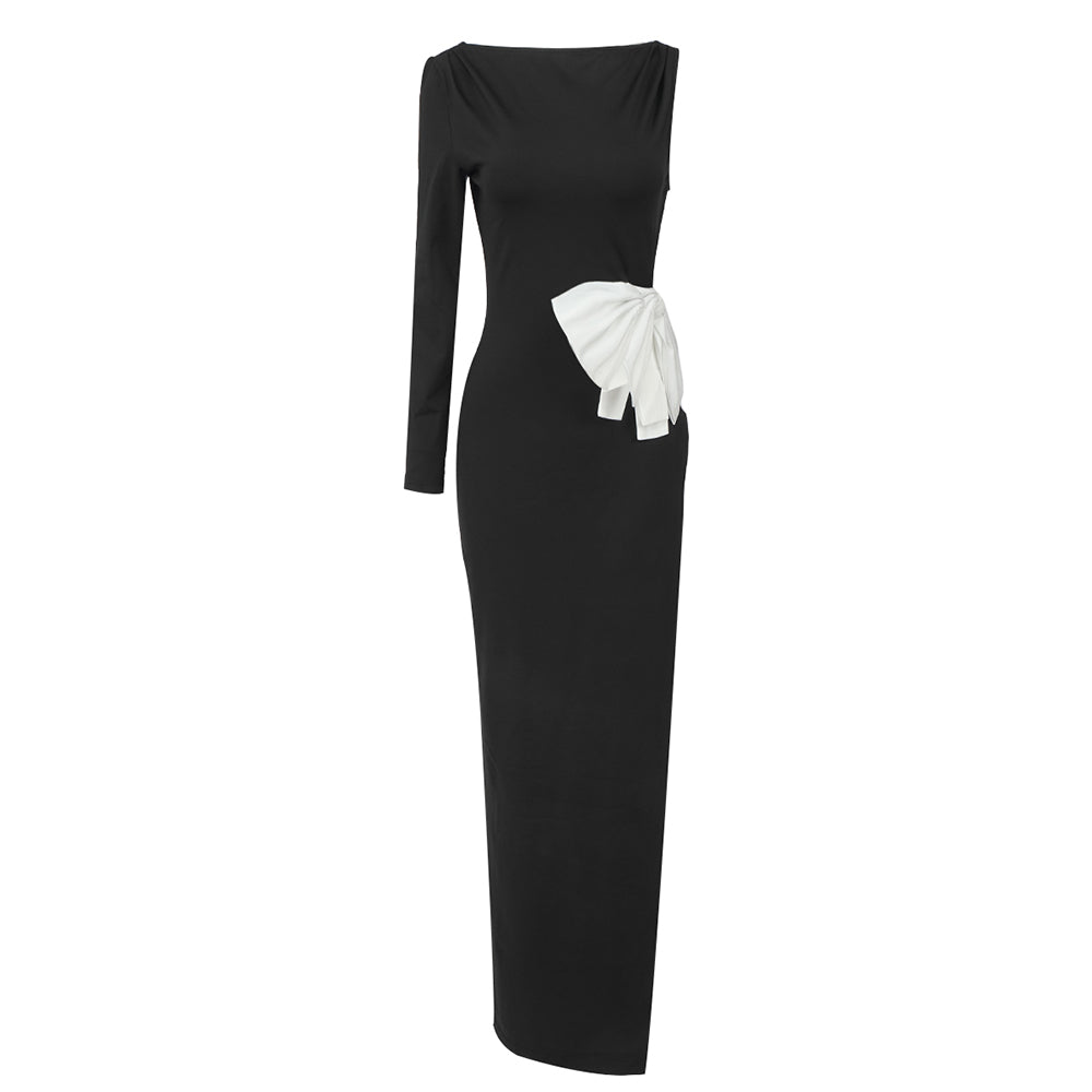 One Sleeve Bow Backless Maxi Dress Black HV9812