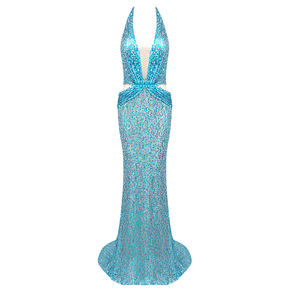 Halter Sequin Maxi Dress Turquoise HV1539