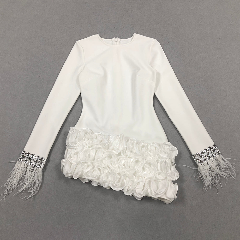 Crystal Feather Long Sleeve Ruffle Dress
