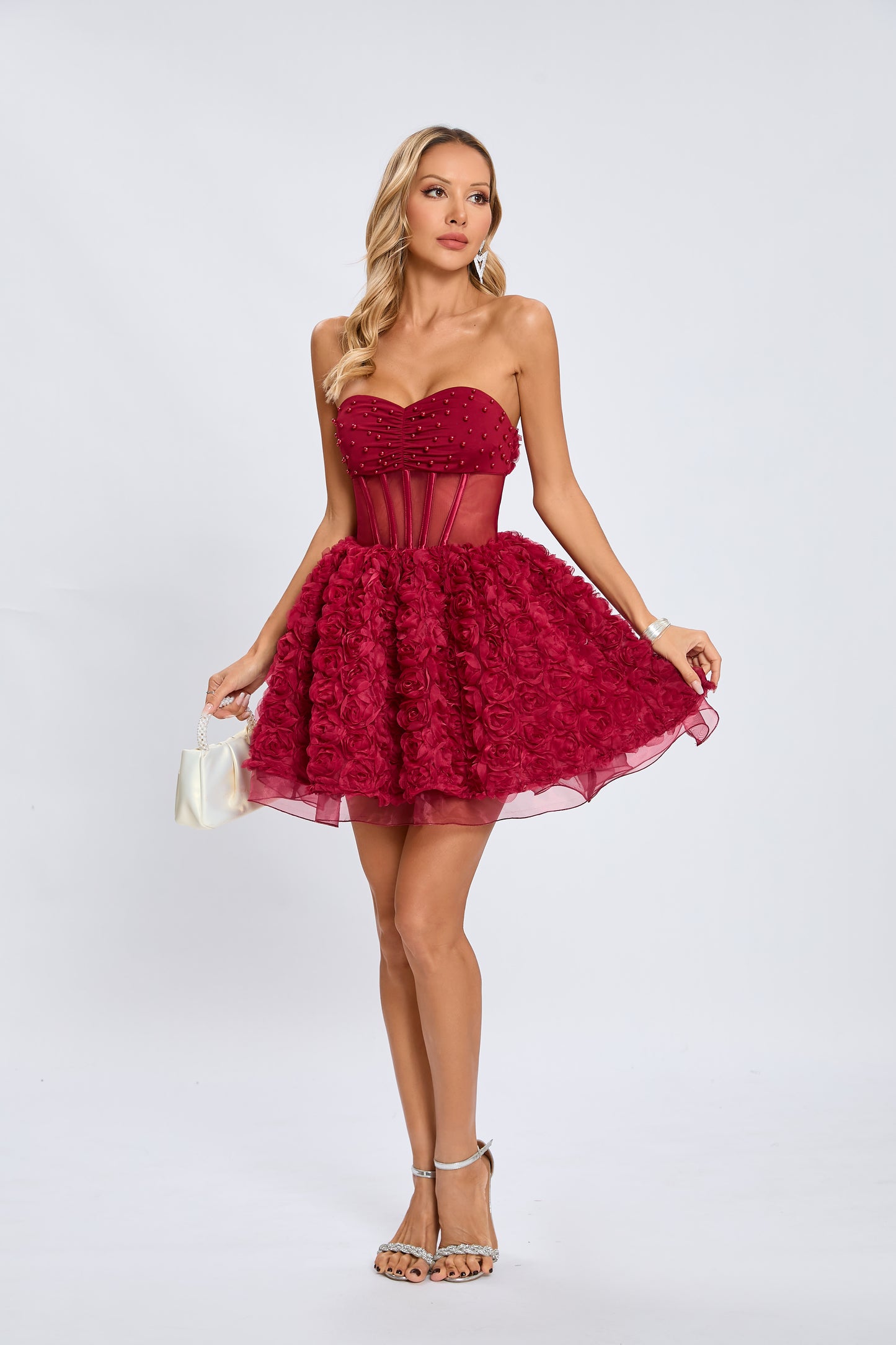 Strapless 3D Floral A Line Dress Black HV2156
