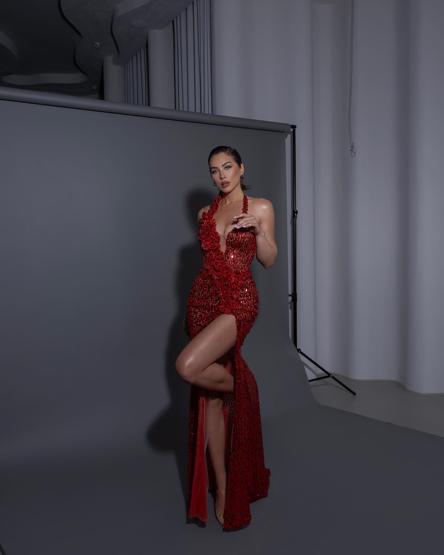 Halter Floral Detail Sequin Maxi Dress Red HV1915