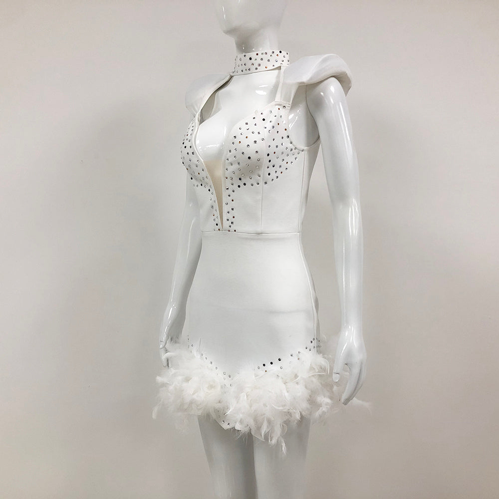 Crystal Embellished Feather Hem Dress White HV1471