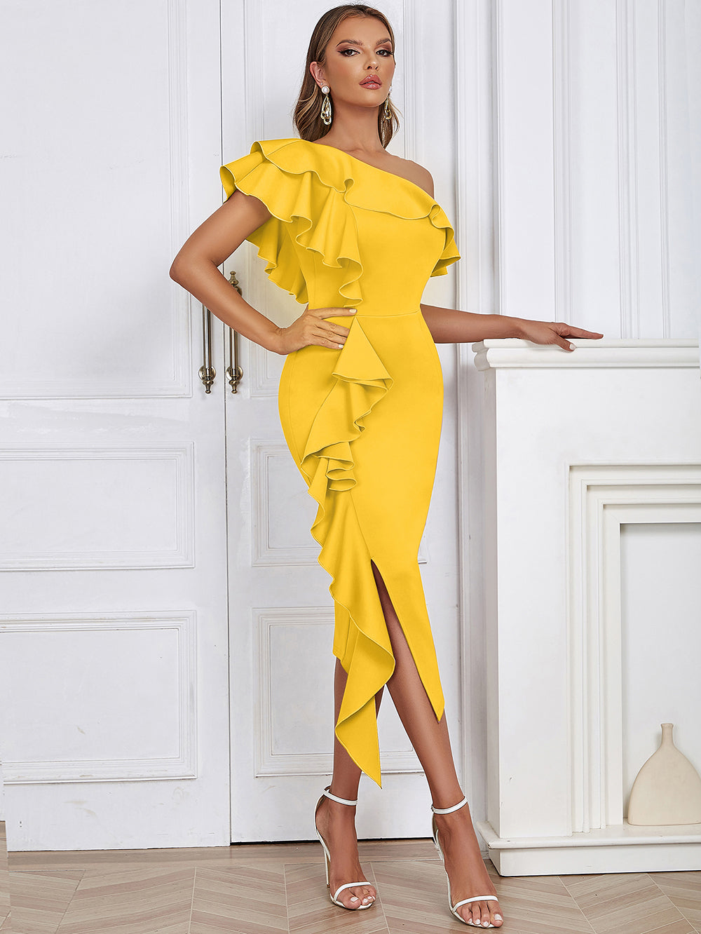 Off Shoulder Ruffle Midi Dress HV9649