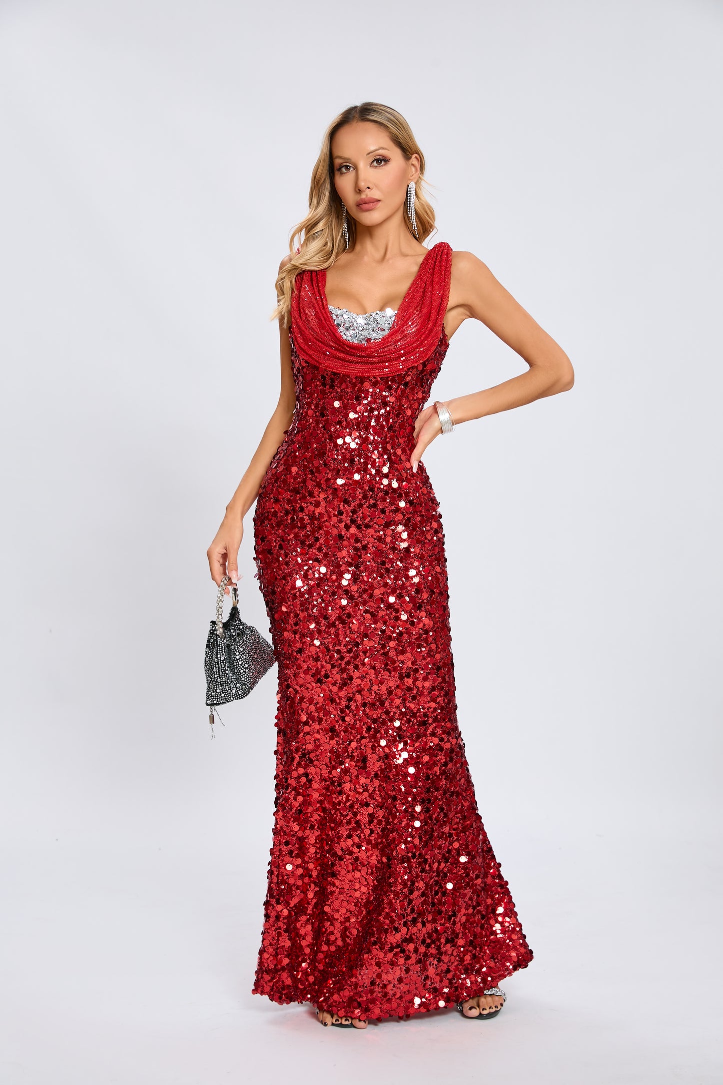 Draped Sequin Maxi Dress Red Silver HV1924