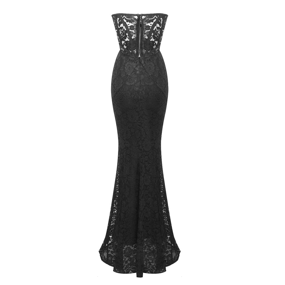 Strapless Lace Corset Two Piece Maxi Dress Black HV1056