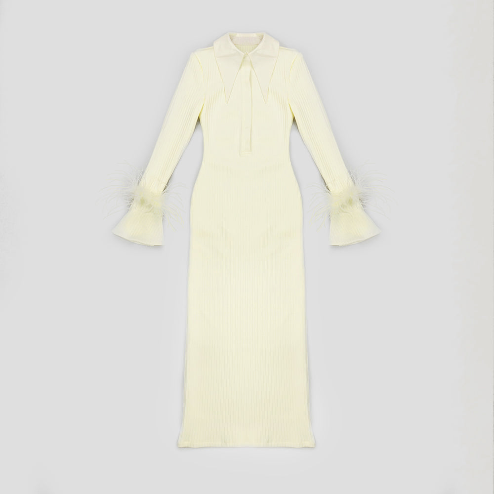 Long Sleeve Feather Ribbed Maxi Dress Ivory HV8975