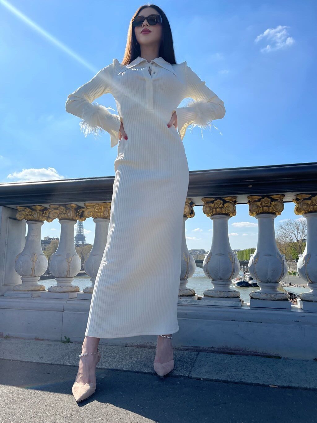 Long Sleeve Feather Ribbed Maxi Dress Ivory HV8975