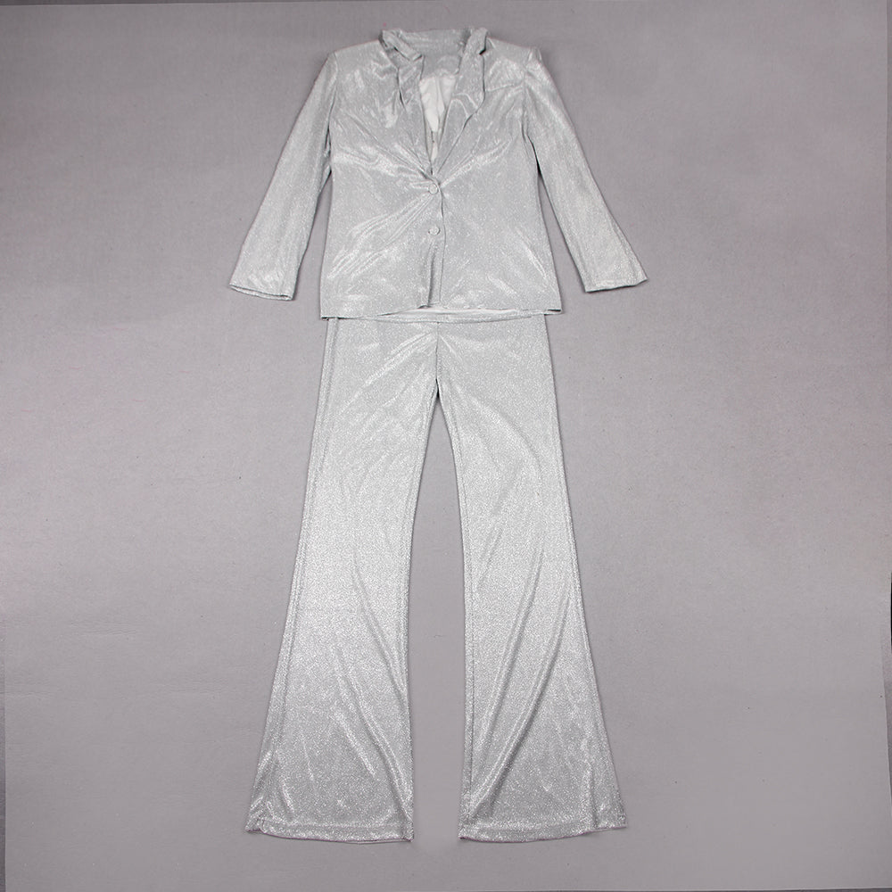Sparkly Long Sleeve Three Piece Suit Silver HV9543
