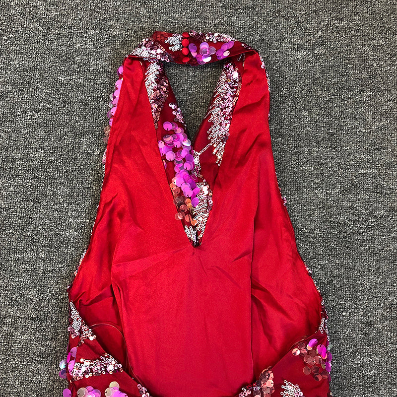 Halter Floral Sequin Midi Dress Hot Pink HV1618