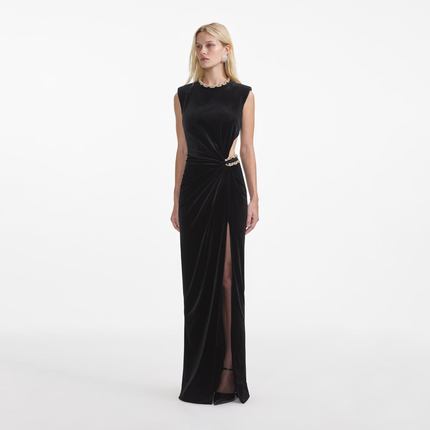 Crystal Chain Maxi Velvet Dress Black