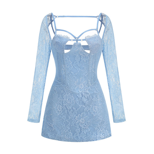 Long Sleeve Strappy Lace Bustier Dress Blue HV1345