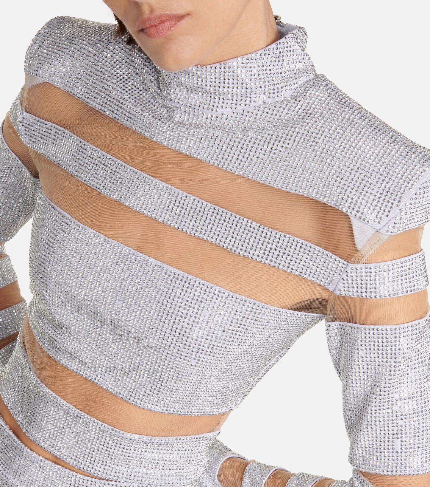 Long Sleeve Studded Mesh Two Piece Dress HV1939