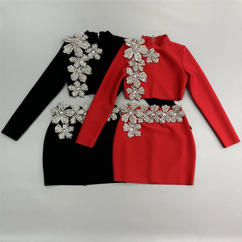 Long Sleeve Crystal Floral Detail Two Piece Dress HV2004