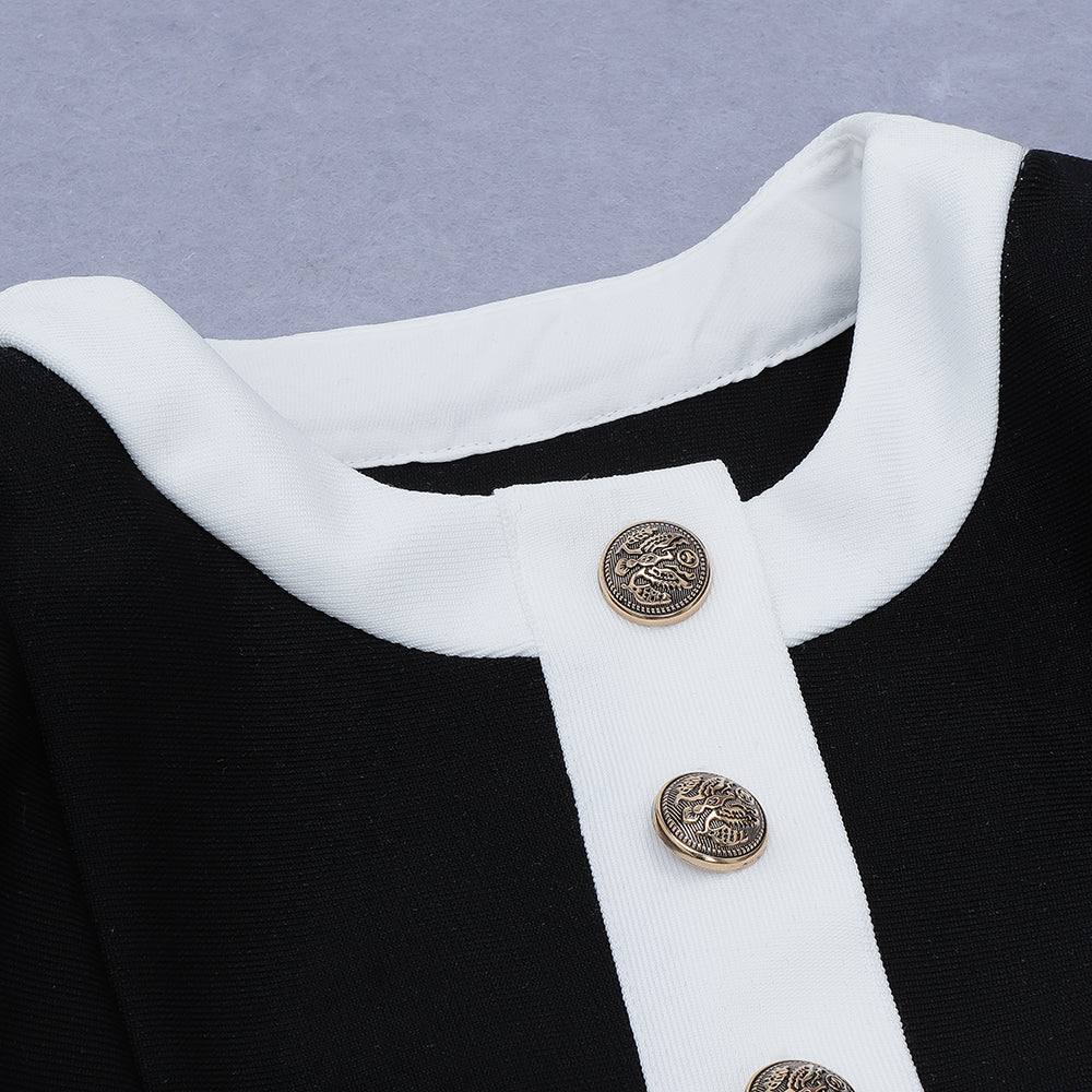 Long Sleeve Button Two Piece Dress Black White HV6907