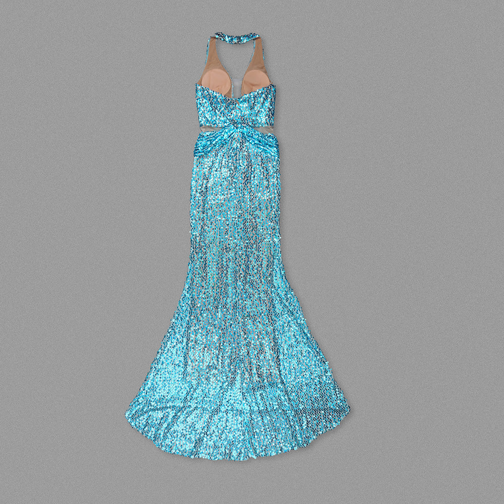 Halter Sequin Maxi Dress Turquoise HV1539