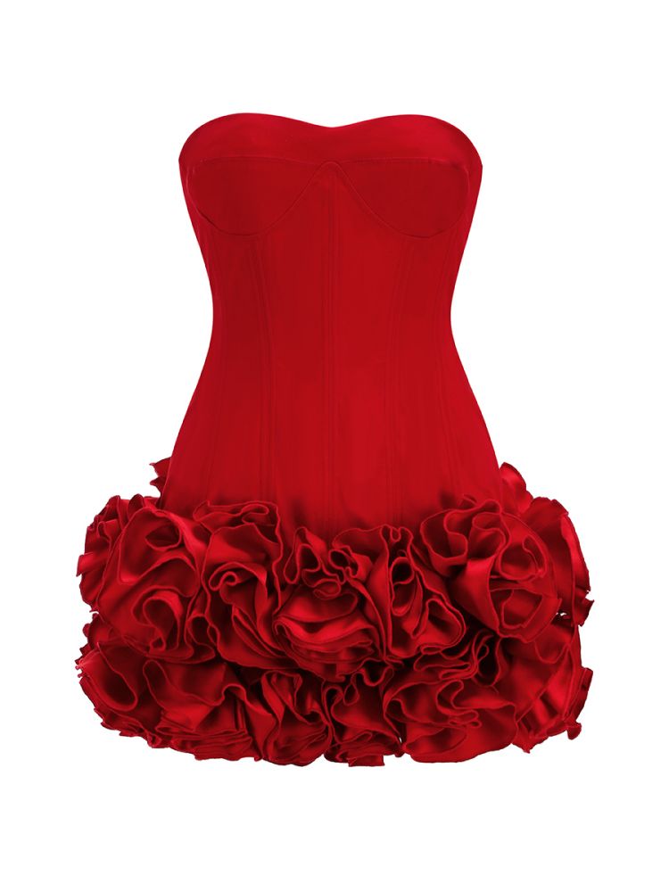 Strapless Corset Floral Ruffle Dress Red HV1645