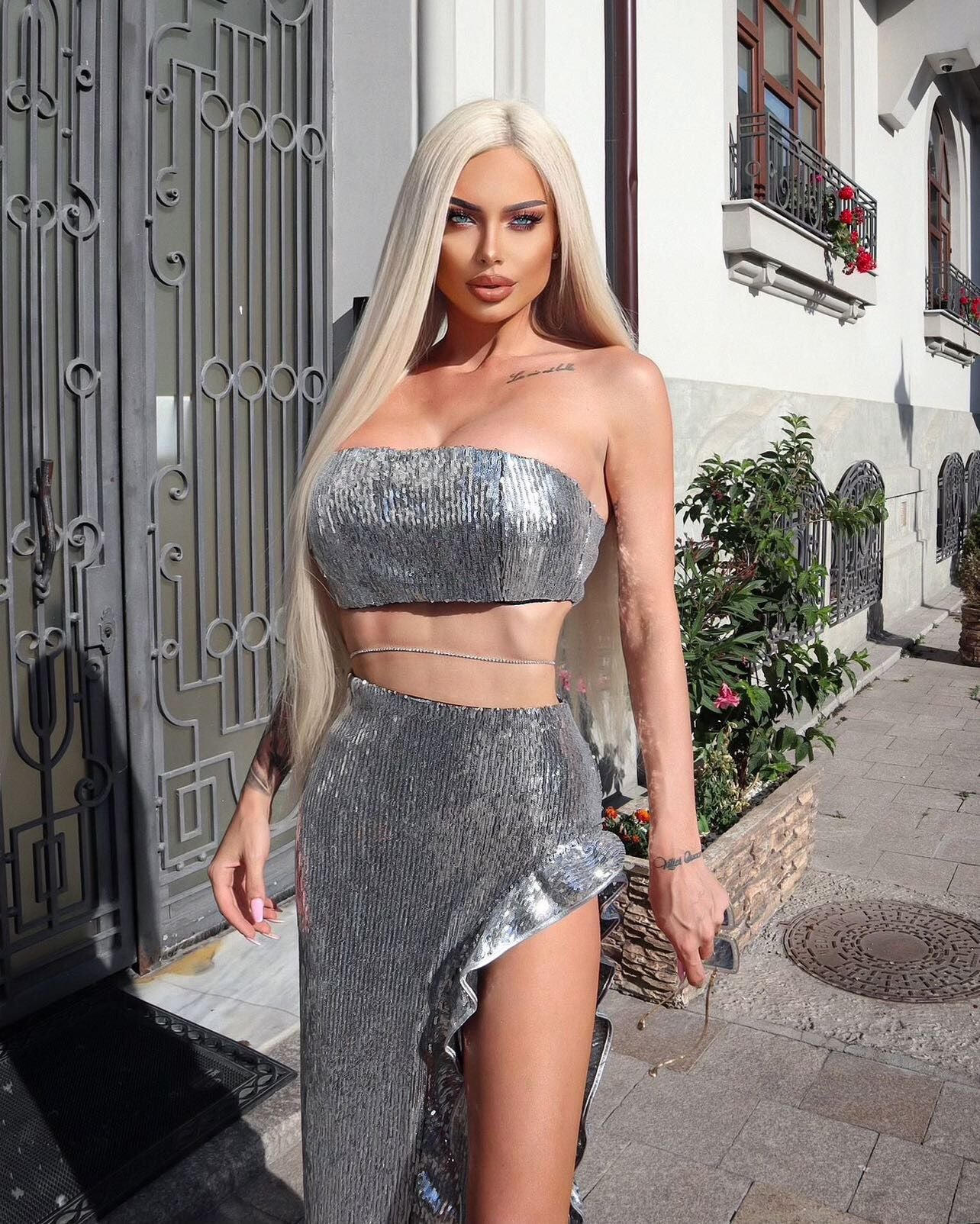 Sequin Draped Two Piece Maxi Dress Silver HV9476