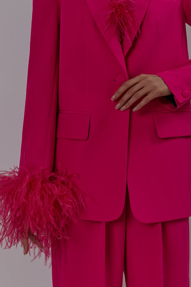 Long Sleeve Feather Detail Suit Hot Pink HV1267