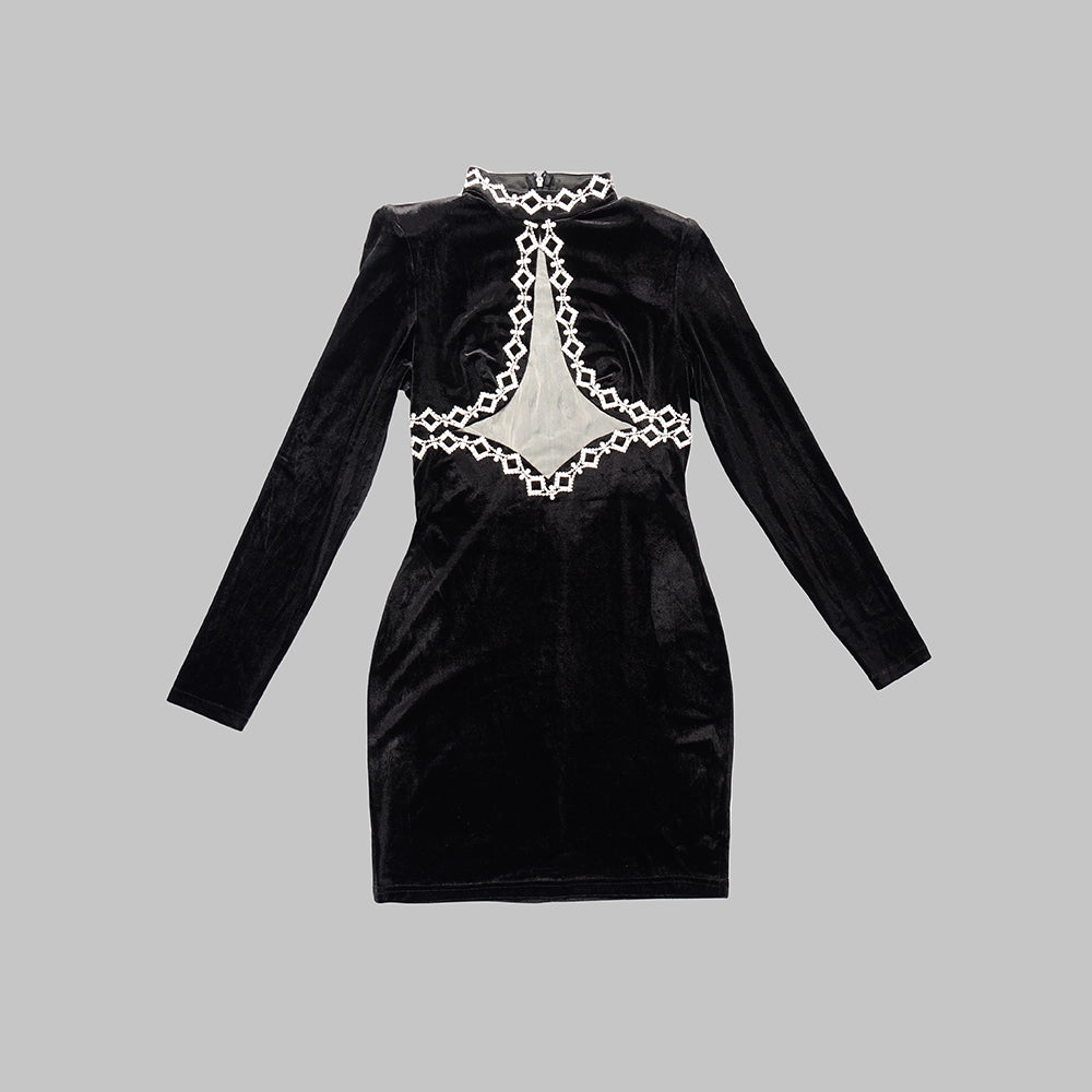 Long Sleeve Crystal Velvet Dress Black HV9741