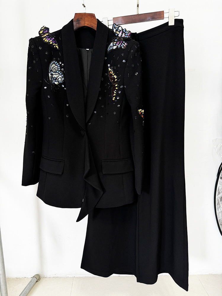 Long Sleeve Sequin Butterflies Suit Black