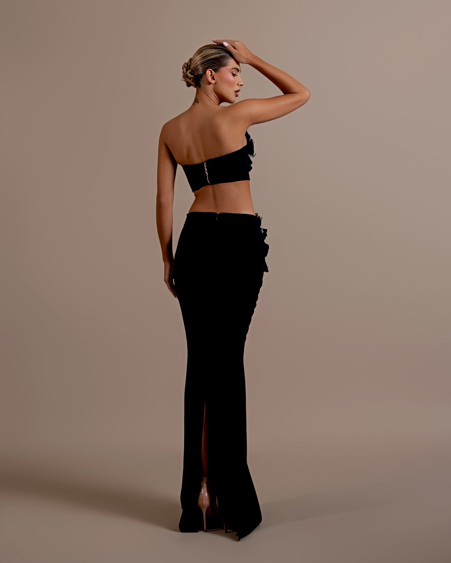 Strapless Crystal Floral Maxi Two Piece Dress Black HV1696