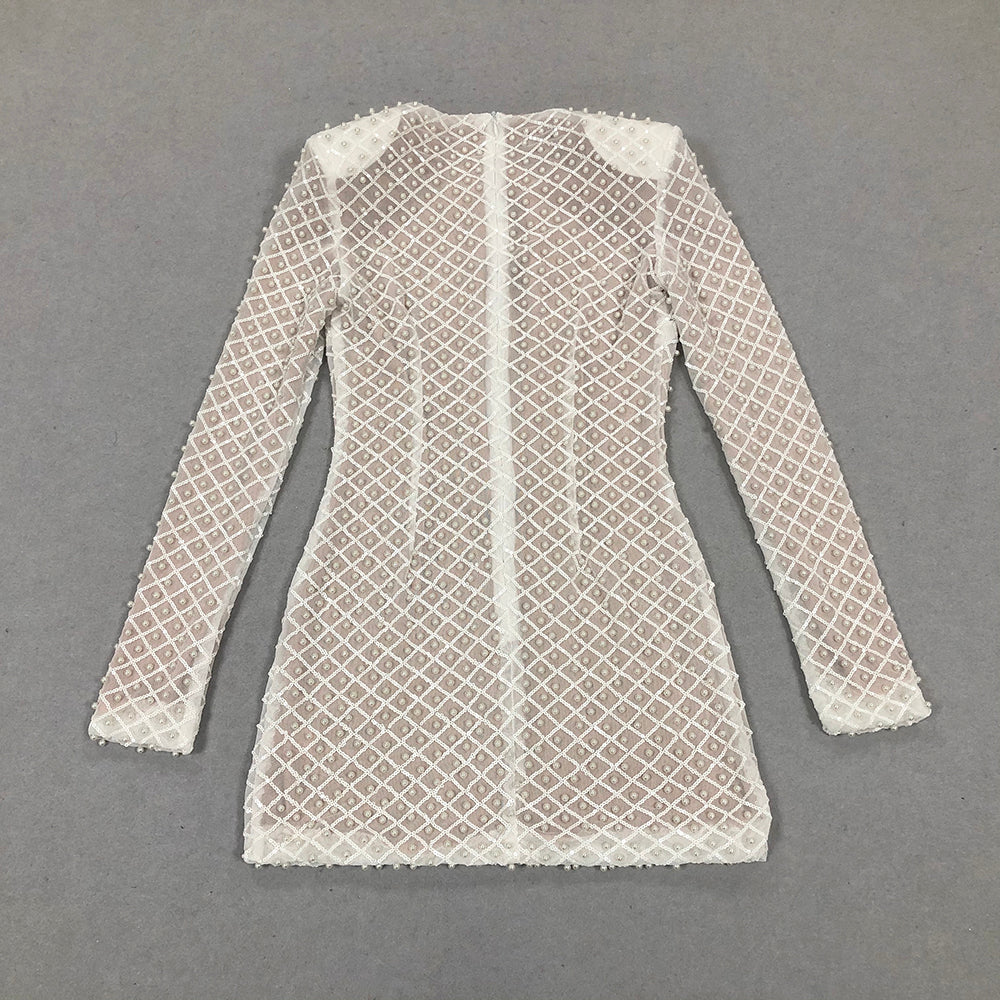 Long Sleeve Pearl Sequin Dress White HV1801