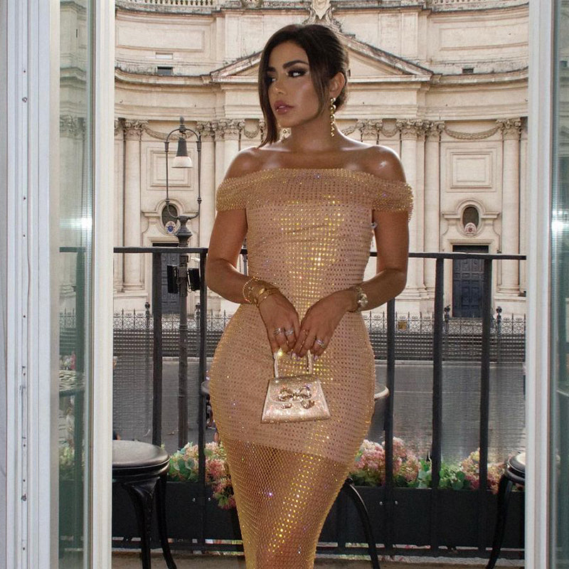 Draped Bardot Crystal Maxi Dress Nude