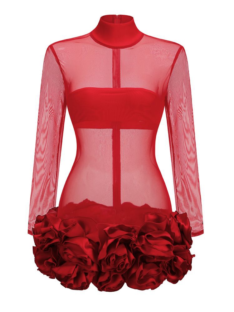 Long Sleeve Petal Detail Dress Red