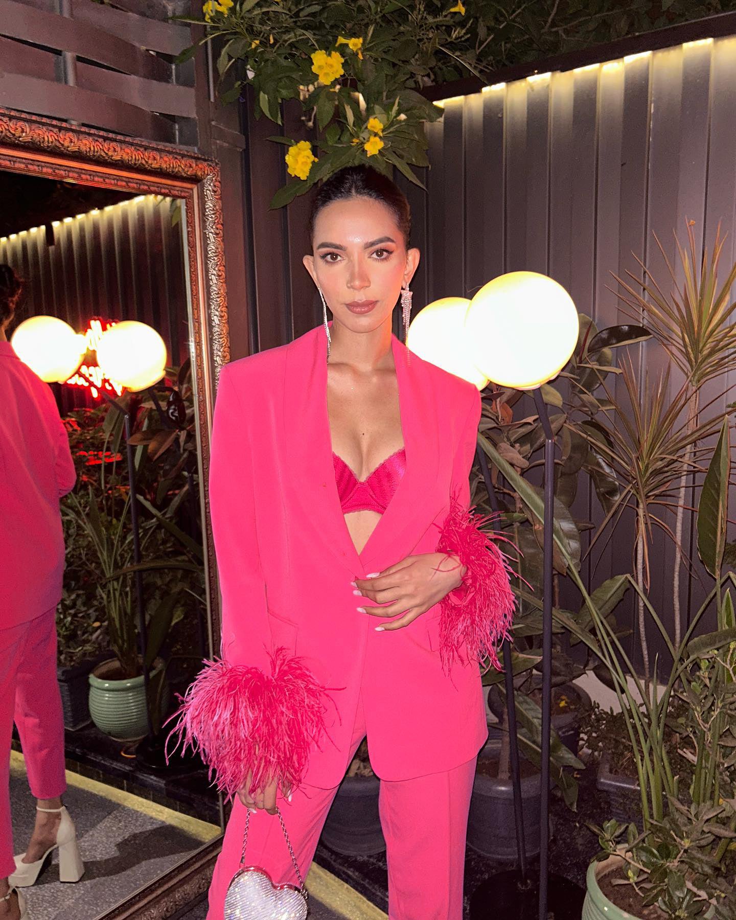 Long Sleeve Feather Detail Suit Hot Pink HV1267