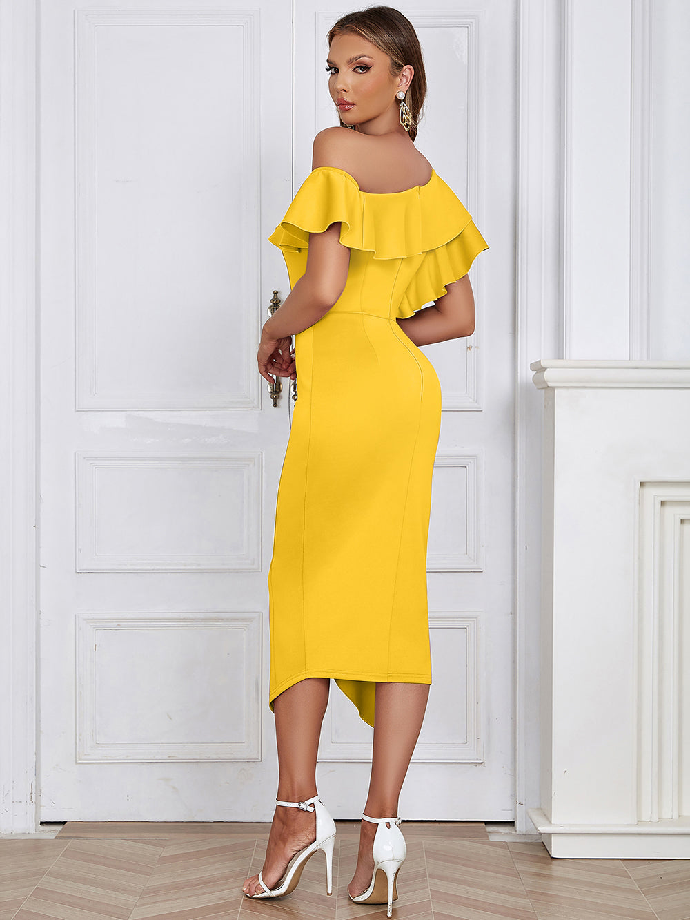 Off Shoulder Ruffle Midi Dress HV9649