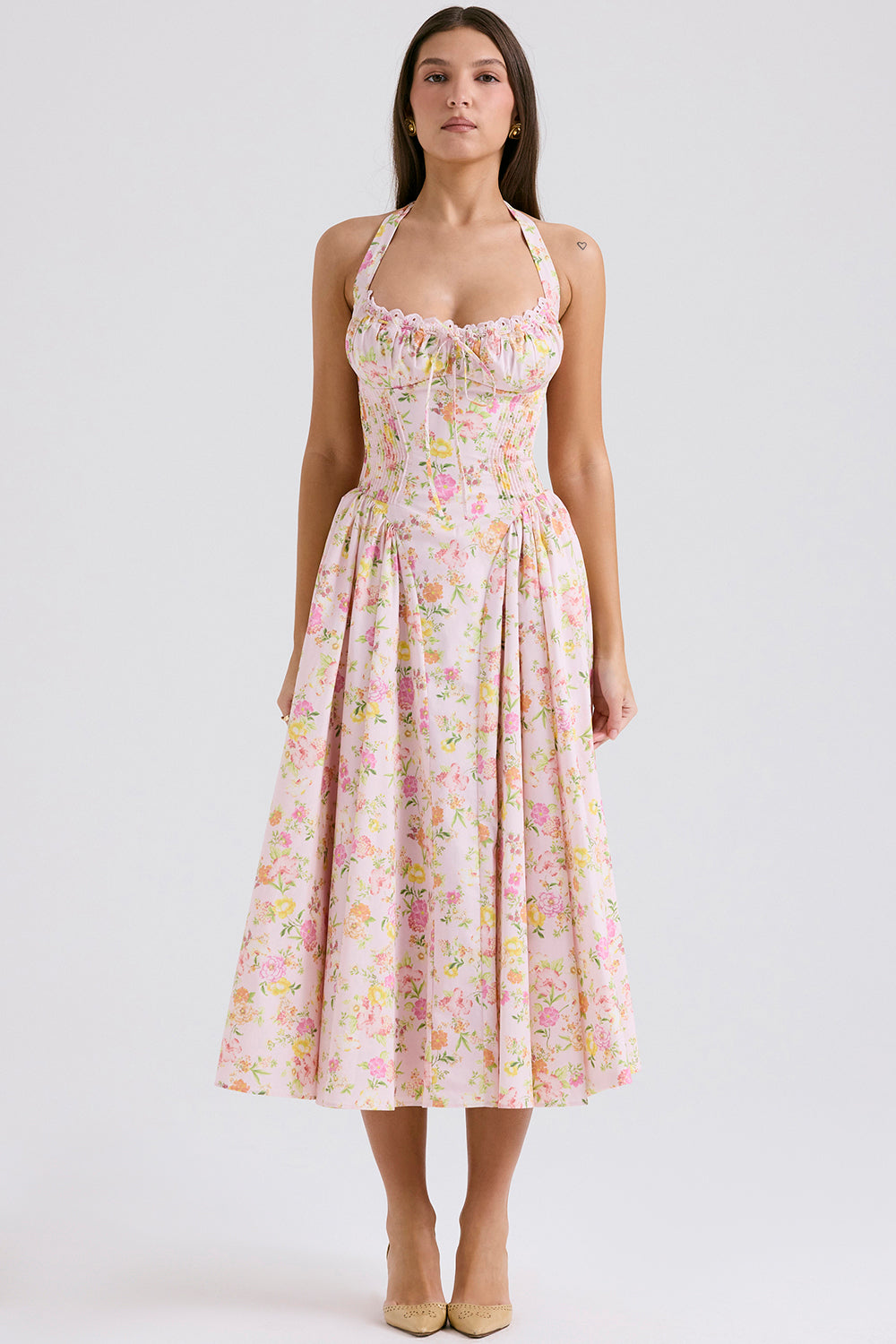 Halter Lace Bustier A Line Midi Dress Floral Pink HV1289