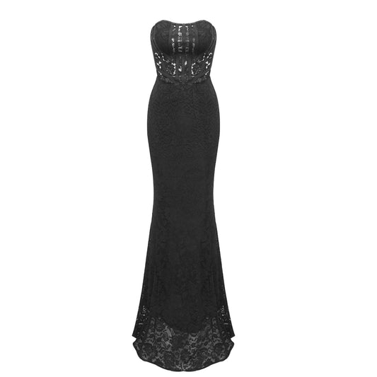 Strapless Lace Corset Two Piece Maxi Dress Black HV1056